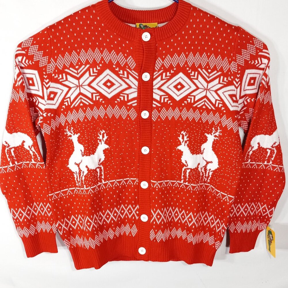 Tipsy Elf Naughty Reindeer Button-up Cardigan Ugly Xmas Sweater Men XL Red White